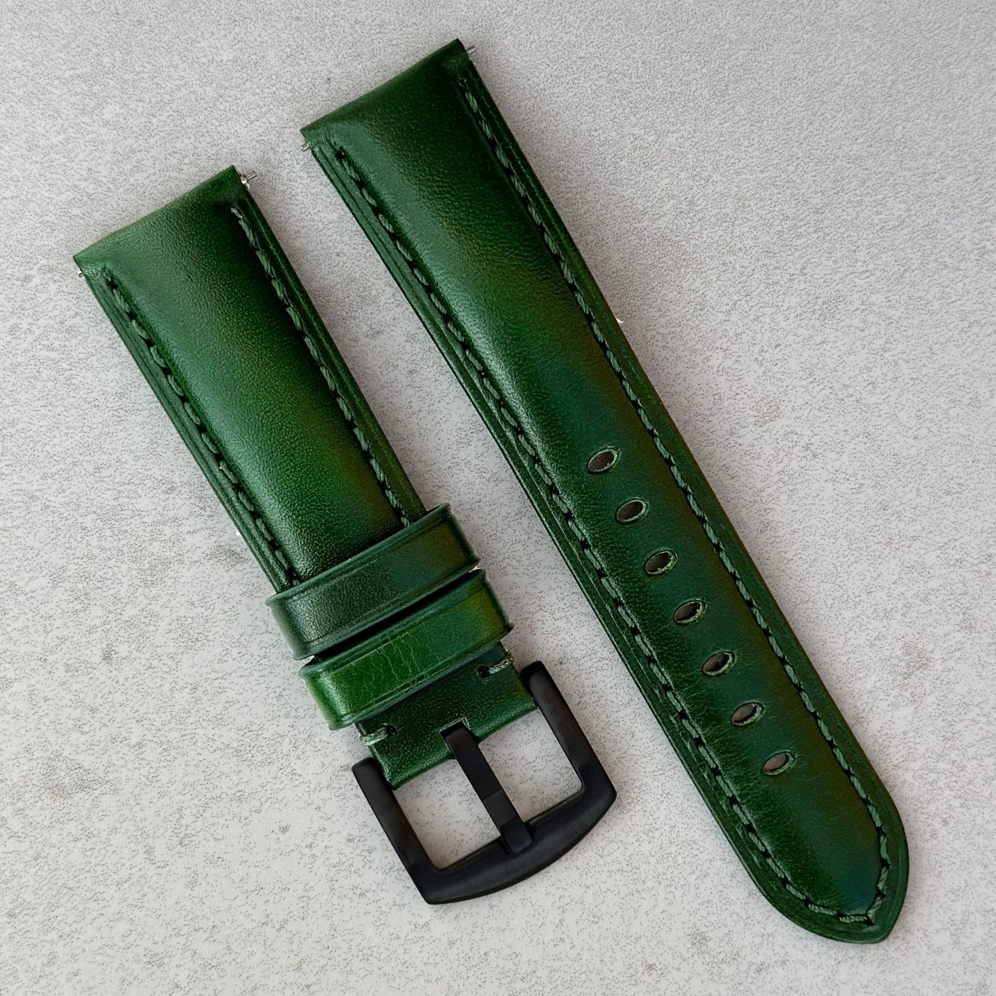 Prague racing green full grain leather watch strap. PVD black buckle. 18mm, 20mm, 22mm, 24mm. Watch And Strap