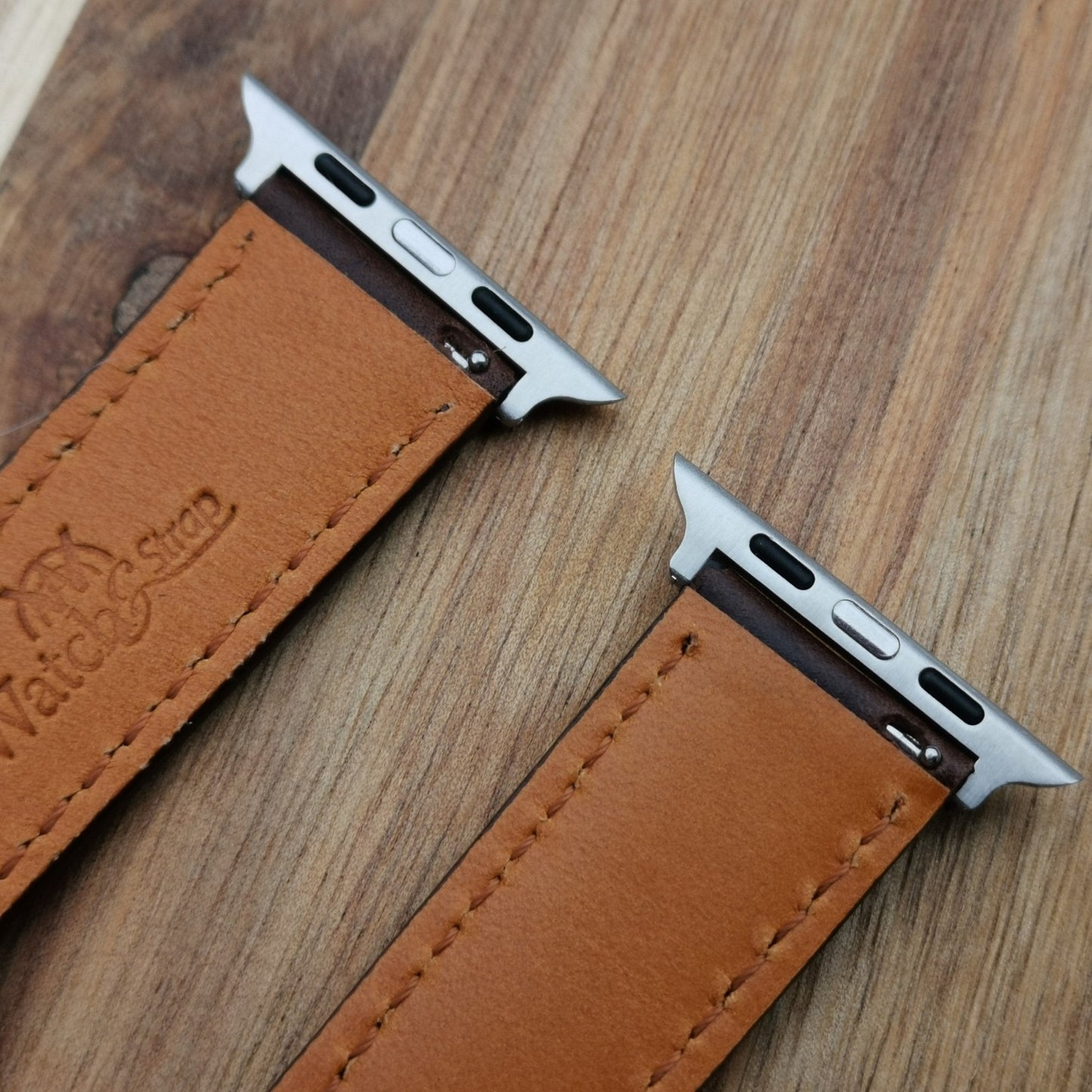 Rear of the Oxford brown leather apple watch strap. Watch And Strap logo debossed into the rear of the strap.