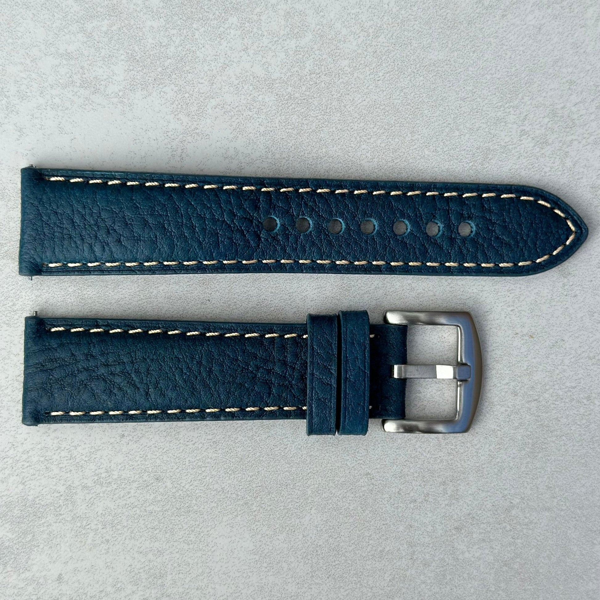 Rome Prussian blue full grain leather watch strap with contrast ivory stitching. 18mm, 20mm, 22mm, 24mm. Watch And Strap.