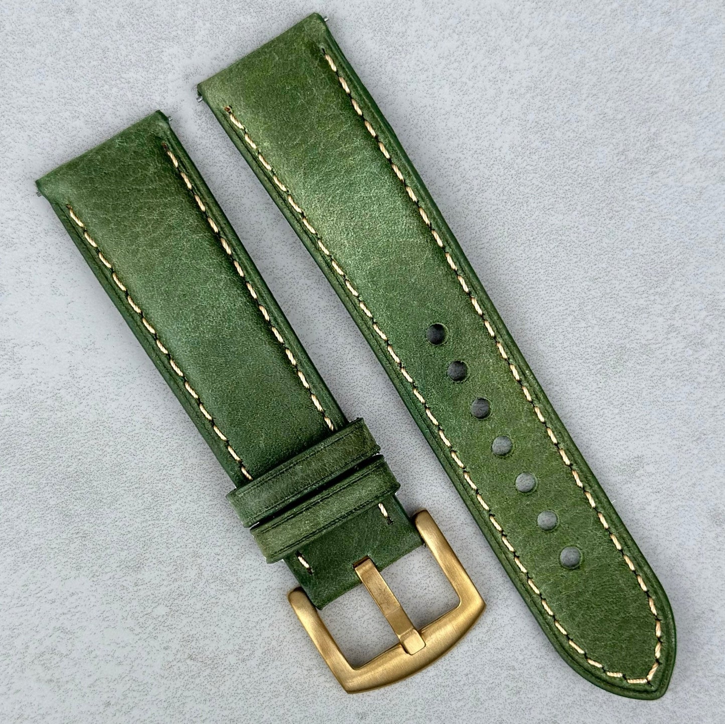 Green Italian leather watch strap with a PVD gold buckle. Ivory stitching. 18mm, 20mm, 22mm, 24mm. Watch And Strap