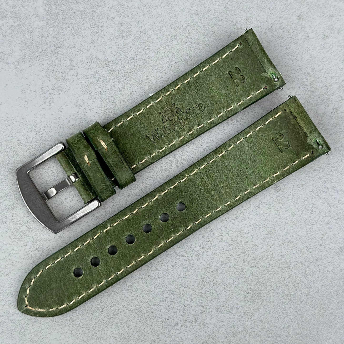 Rear of the Rome green Italian leather watch strap. Quick release pins. Watch And Strap logo.