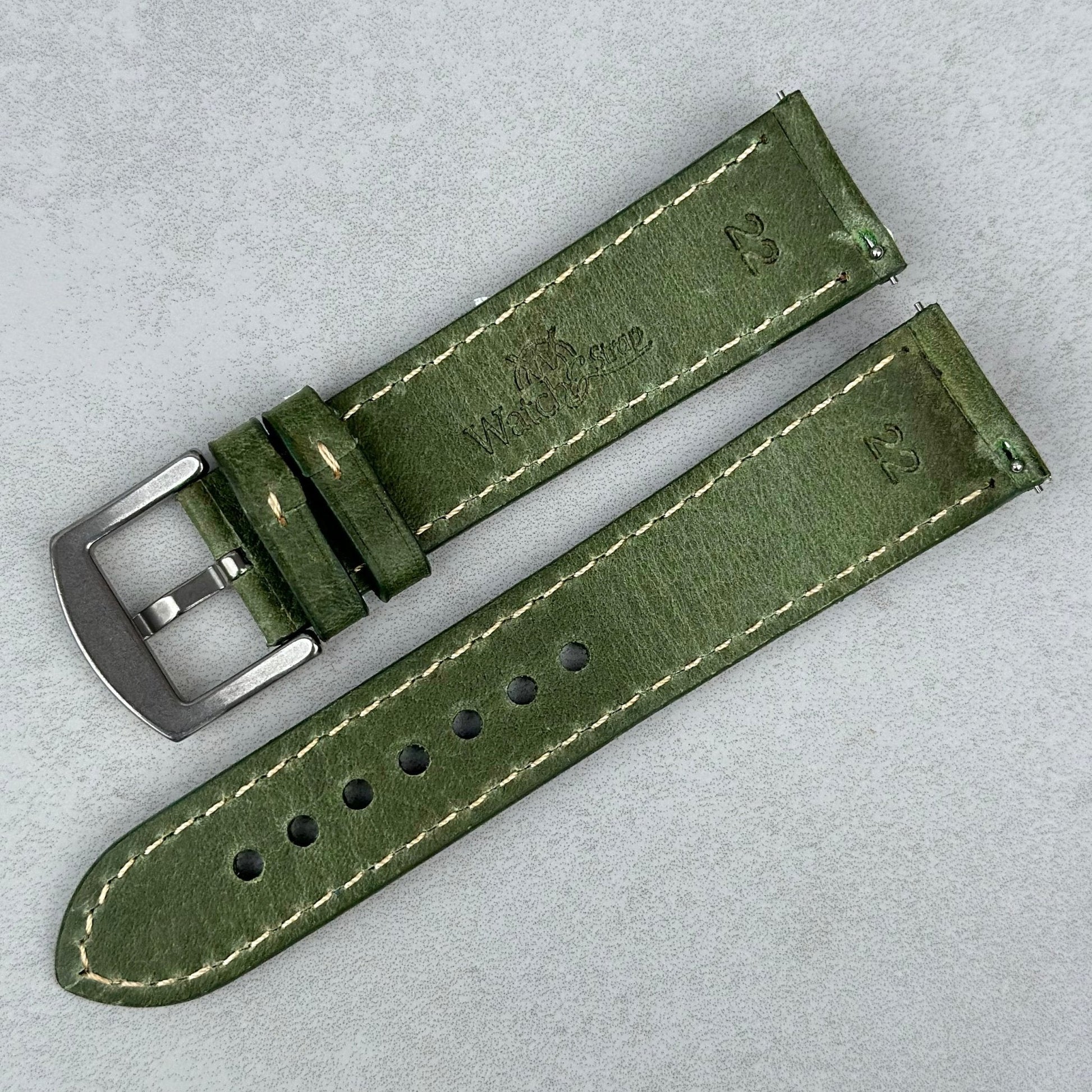 Rear of the Rome green Italian leather watch strap. Quick release pins. Watch And Strap logo.