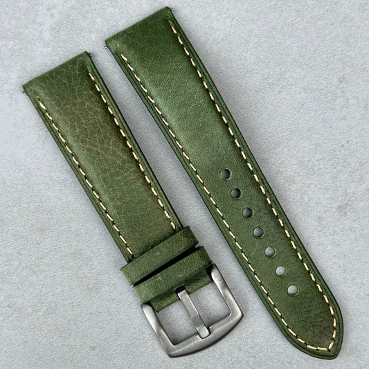 Rome green Italian leather watch strap. Padded strap with contrast ivory stitching. 18mm, 20mm, 22mm, 24mm. Watch And Strap.