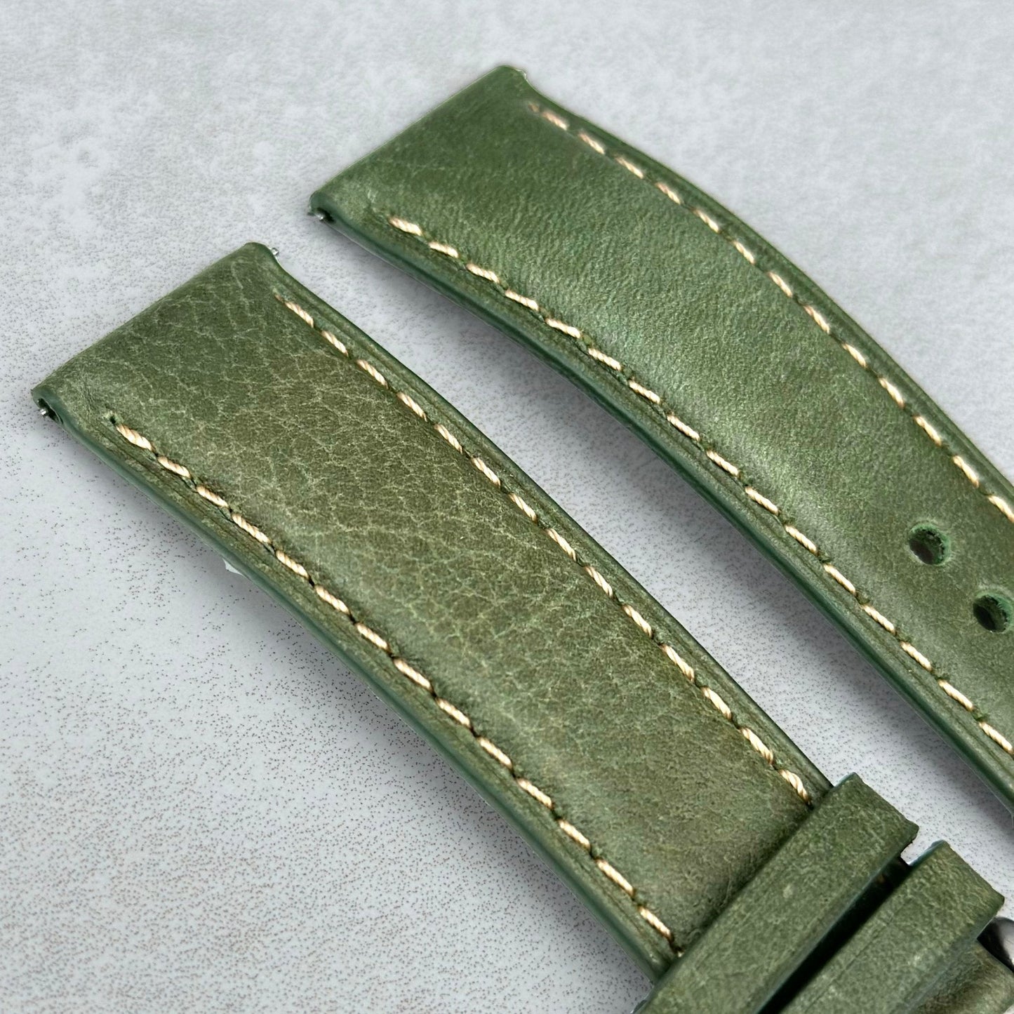 Top of the Rome green Italian leather watch strap. Padded leather strap with contrast ivory stitching. Watch And Strap