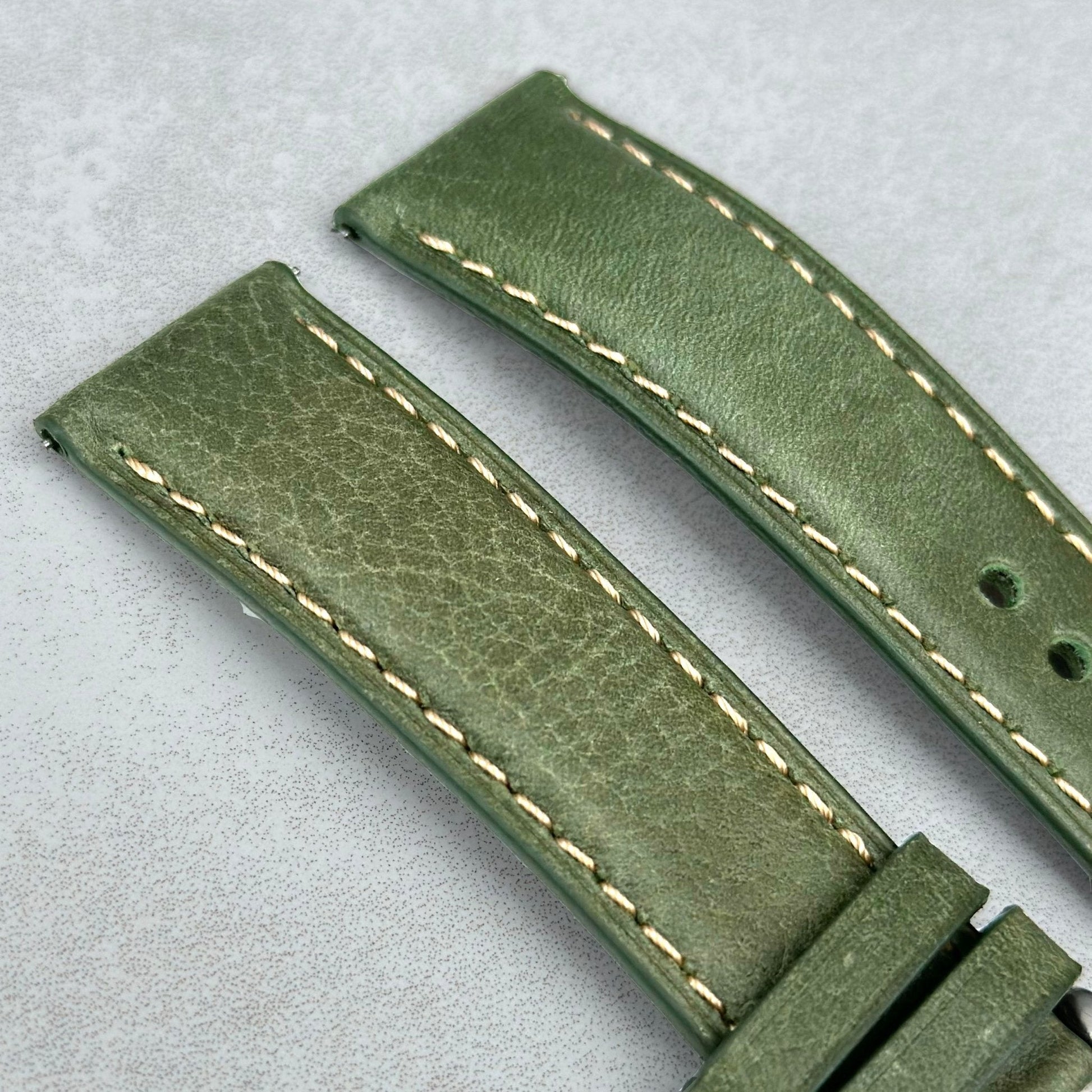 Top of the Rome green Italian leather watch strap. Padded leather strap with contrast ivory stitching. Watch And Strap