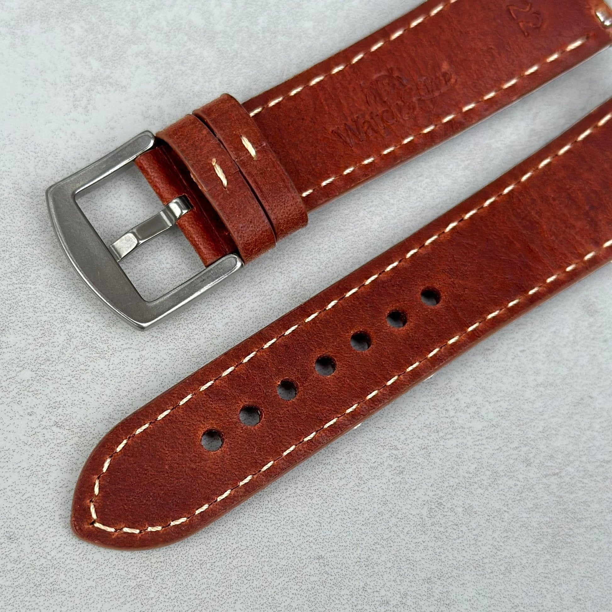 Rear of the brushed 316L stainless steel buckle on the Rome terracotta brown leather watch strap.