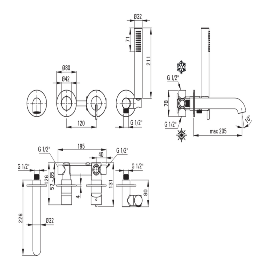 Lia Wall Mounted Bath Mixer with Shower Set - White