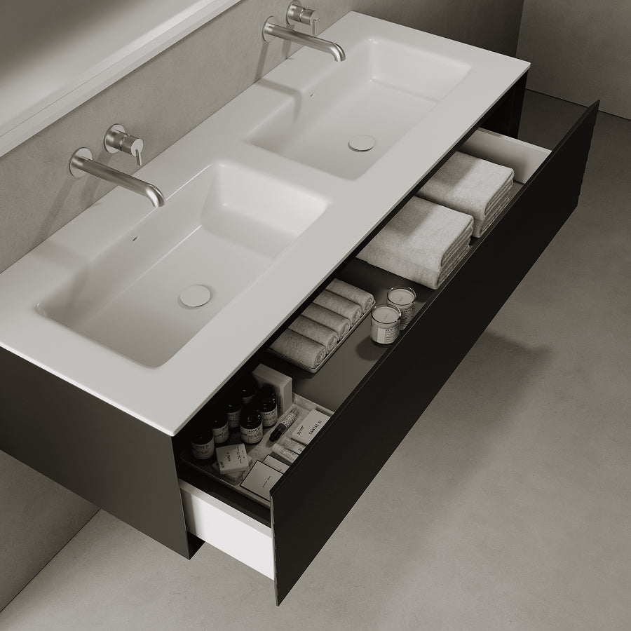 Nordale Silk Black 1400mm Vanity Unit - Single Drawer with Double Basin