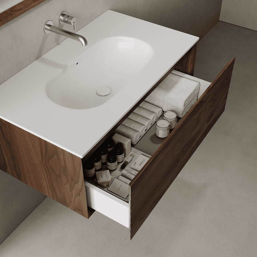 Nordale Real Walnut 900mm Vanity Unit - Single Drawer with Single Basin
