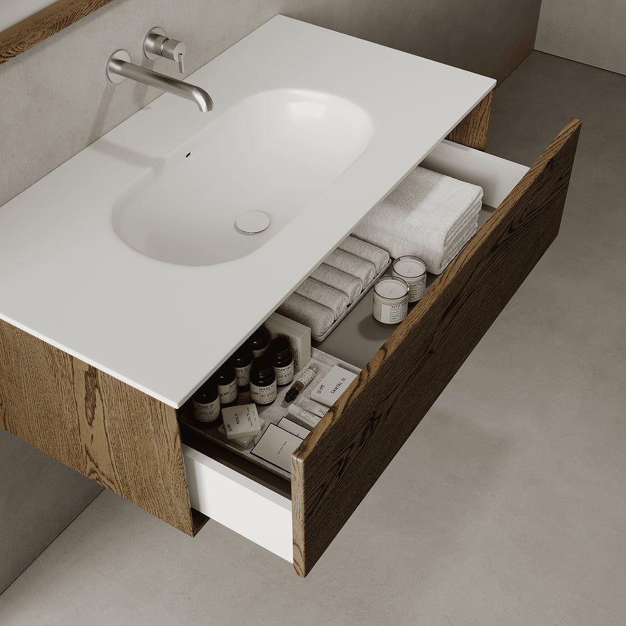 Valmere Smoked Wood 1000mm Vanity Unit - Single Drawer with Single Basin