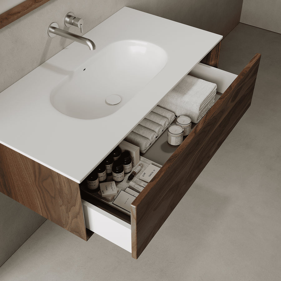 Valmere Real Walnut 1000mm Vanity Unit - Single Drawer with Single Basin