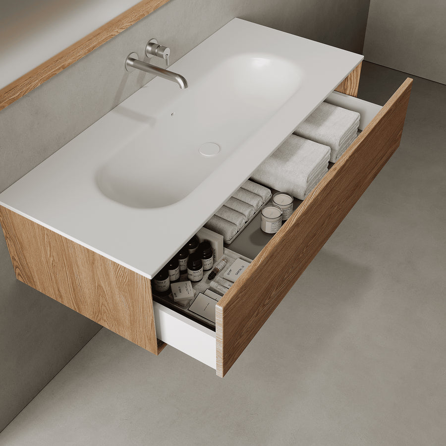 Valmere Honey Wood 1200mm Vanity Unit - Single Drawer with Large Single Basin