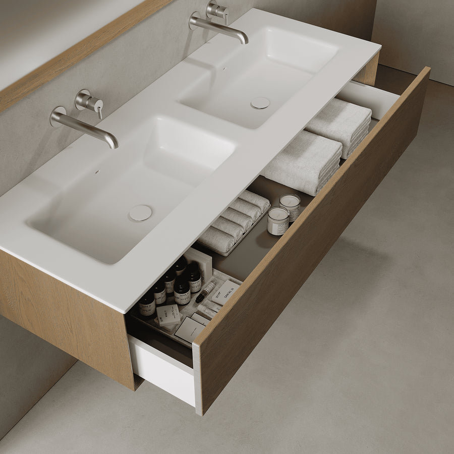 Valmere Real Oak 1400mm Vanity Unit - Single Drawer with Double Basin