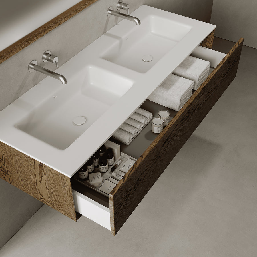 Valmere Smoked Wood 1400mm Vanity Unit - Single Drawer with Double Basin