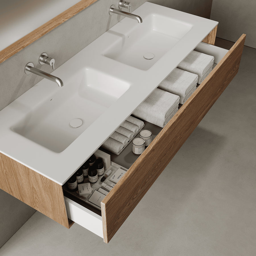Valmere Honey Wood 1500mm Vanity Unit - Single Drawer with Double Basin