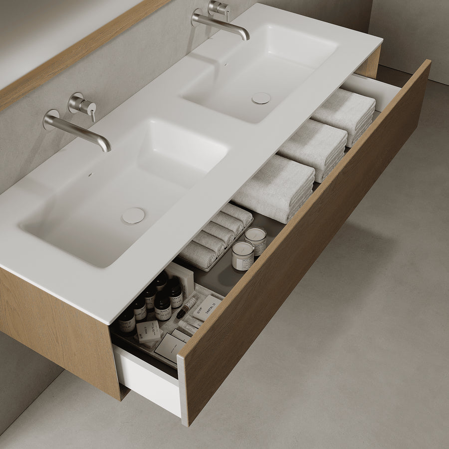 Valmere Real Oak 1500mm Vanity Unit - Single Drawer with Double Basin