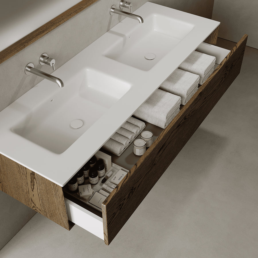 Valmere Smoked Wood 1500mm Vanity Unit - Single Drawer with Double Basin