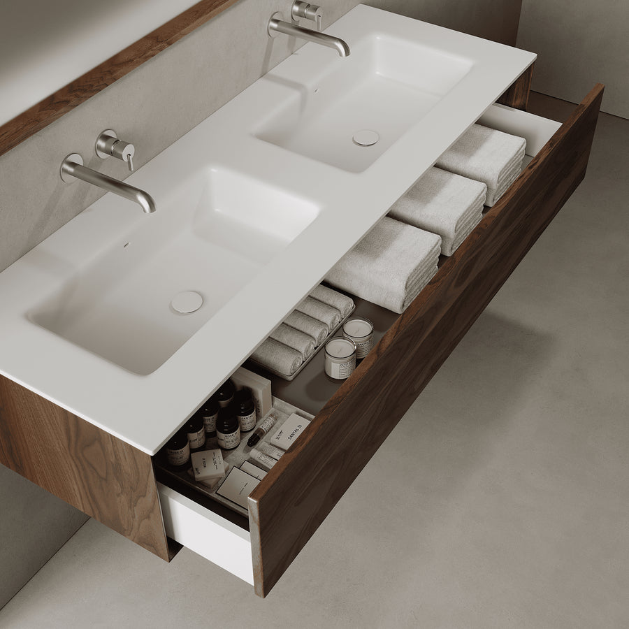 Valmere Real Walnut 1500mm Vanity Unit - Single Drawer with Double Basin