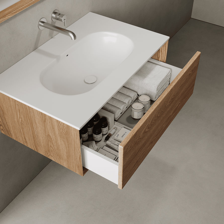 Valmere Honey Wood 800mm Vanity Unit - Single Drawer with Single Basin