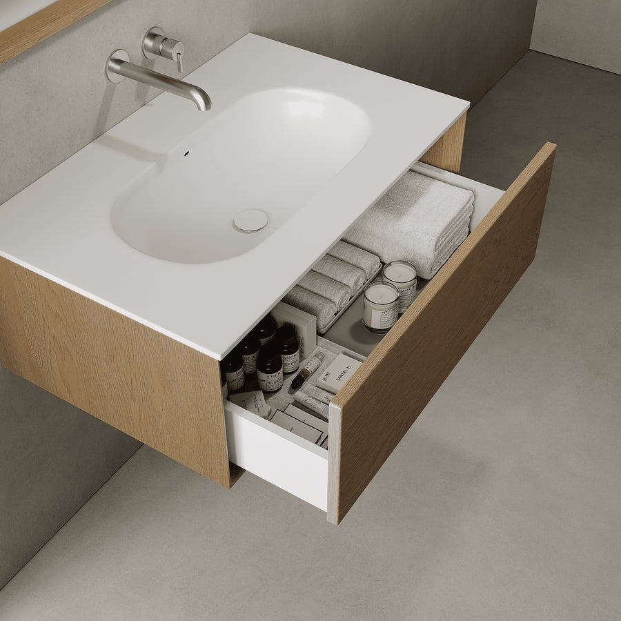 Valmere Real Oak 800mm Vanity Unit - Single Drawer with Single Basin