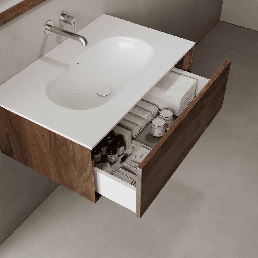 Valmere Real Walnut 800mm Vanity Unit - Single Drawer with Single Basin