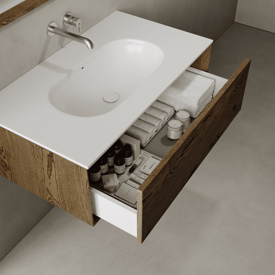 Valmere Smoked Wood 900mm Vanity Unit - Single Drawer with Single Basin