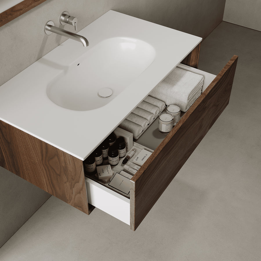 Valmere Real Walnut 900mm Vanity Unit - Single Drawer with Single Basin