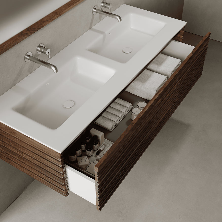 Rivara Real Walnut 1400mm Vanity Unit - Single Drawer with Double Basin