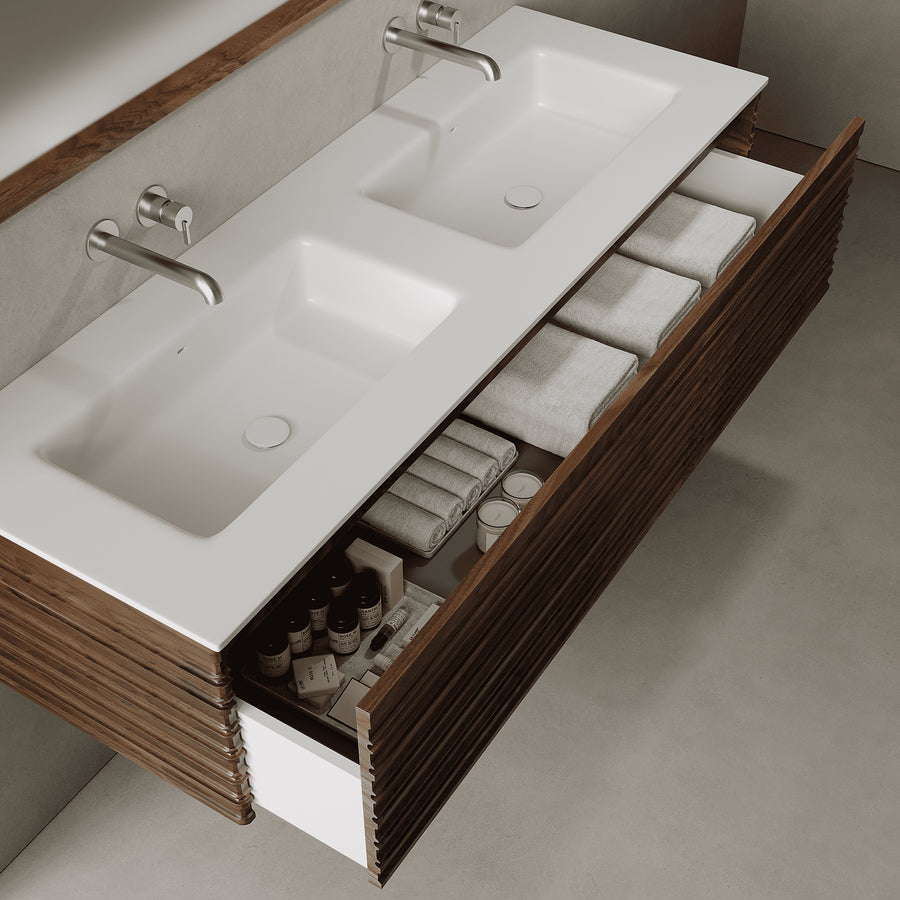 Rivara Real Walnut 1500mm Vanity Unit - Single Drawer with Double Basin