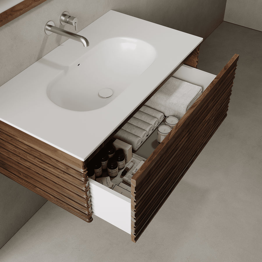 Rivara Real Walnut 900mm Vanity Unit - Single Drawer with Single Basin