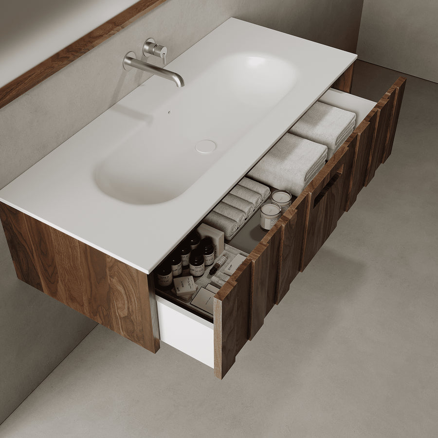 Calvera Real Walnut 1200mm Vanity Unit - Single Drawer with Large Single Basin