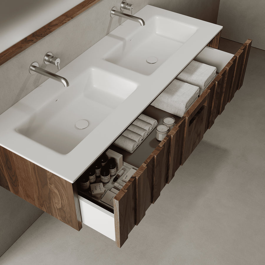 Calvera Real Walnut 1400mm Vanity Unit - Single Drawer with Double Basin