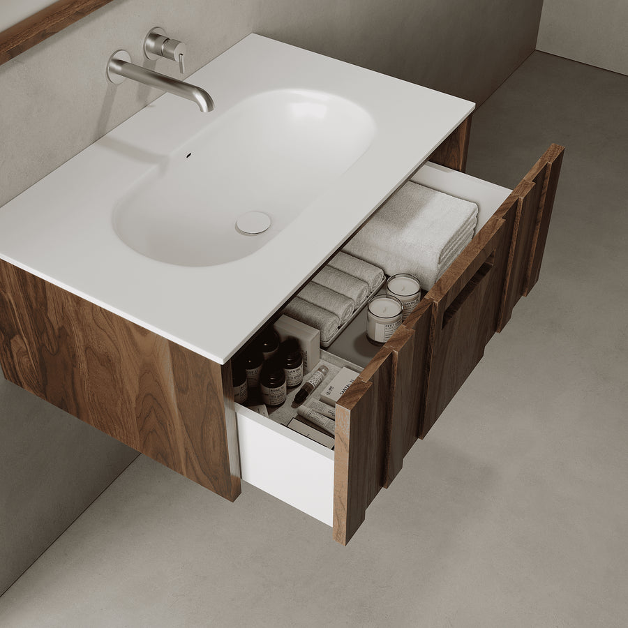 Calvera Real Walnut 800mm Vanity Unit - Single Drawer with Single Basin