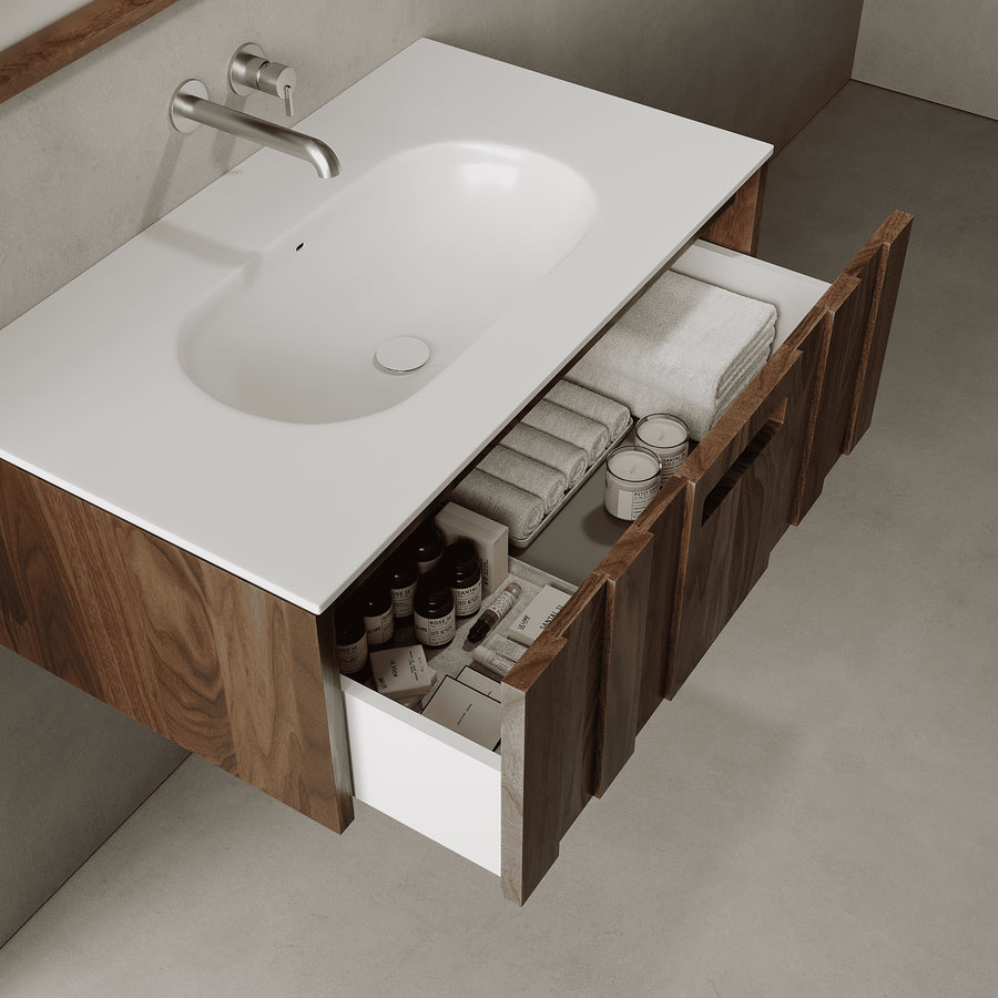 Calvera Real Walnut 900mm Vanity Unit - Single Drawer with Single Basin