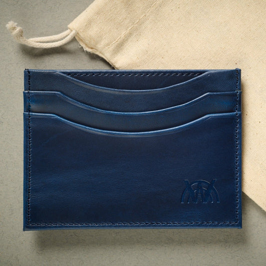 The Oxford Navy blue full grain calf skin card case. RFID blocking wallet with 5 card slots.