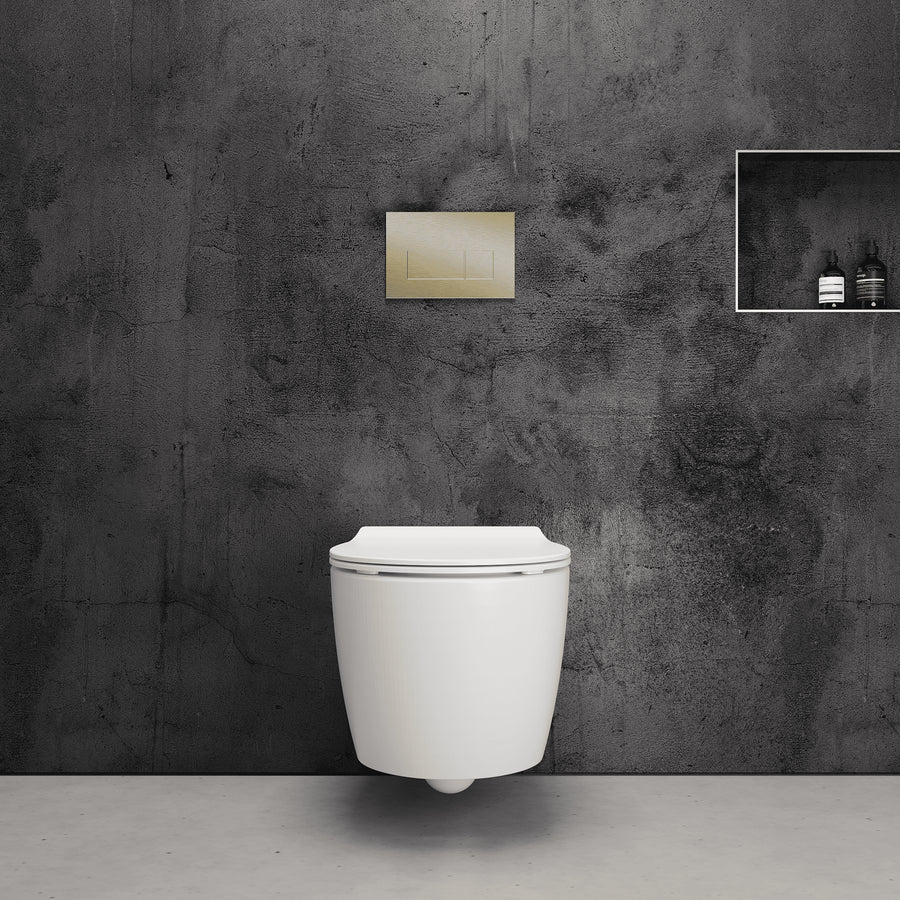 Onia Wall Hung White Toilet Set - with Concealed Frame, Cistern and Brushed Gold Flush Plate
