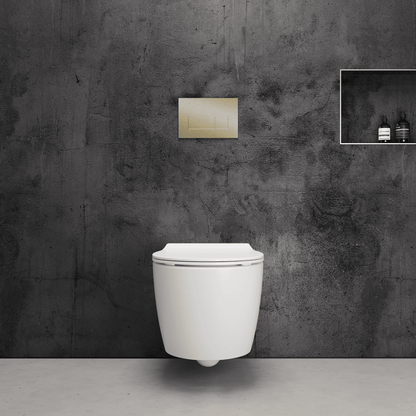 Onia Wall Hung White Toilet Set - with Concealed Frame, Cistern and Brushed Gold Flush Plate