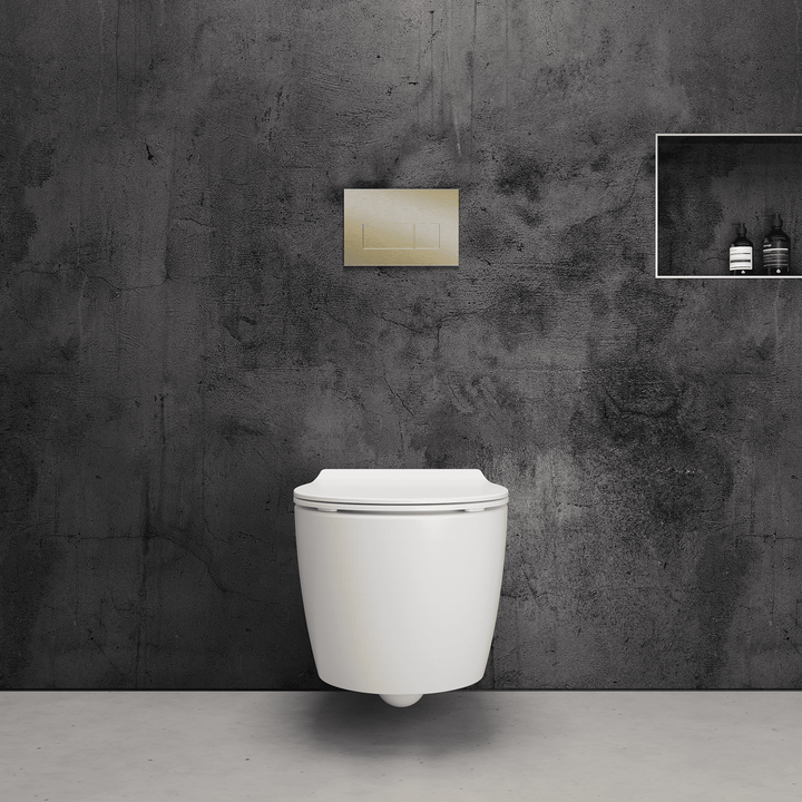 Onia Wall Hung White Toilet Set - with Concealed Frame, Cistern and Brushed Gold Flush Plate