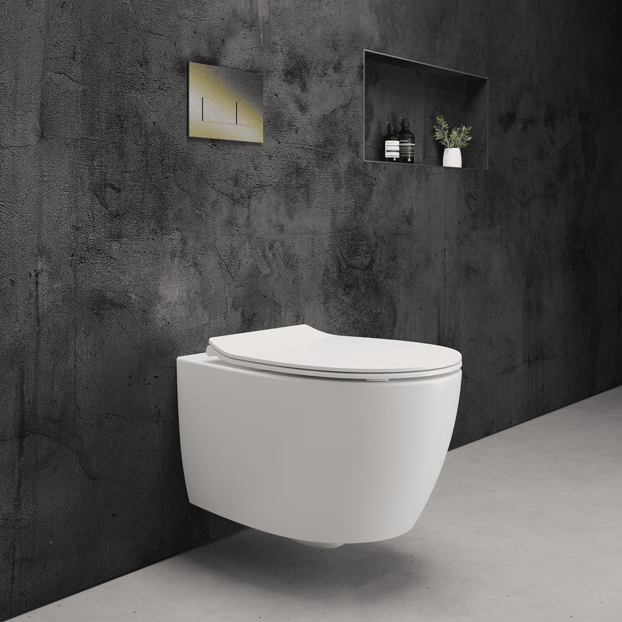 Onia Wall Hung White Toilet Set - with Concealed Frame, Cistern and Brushed Gold Flush Plate