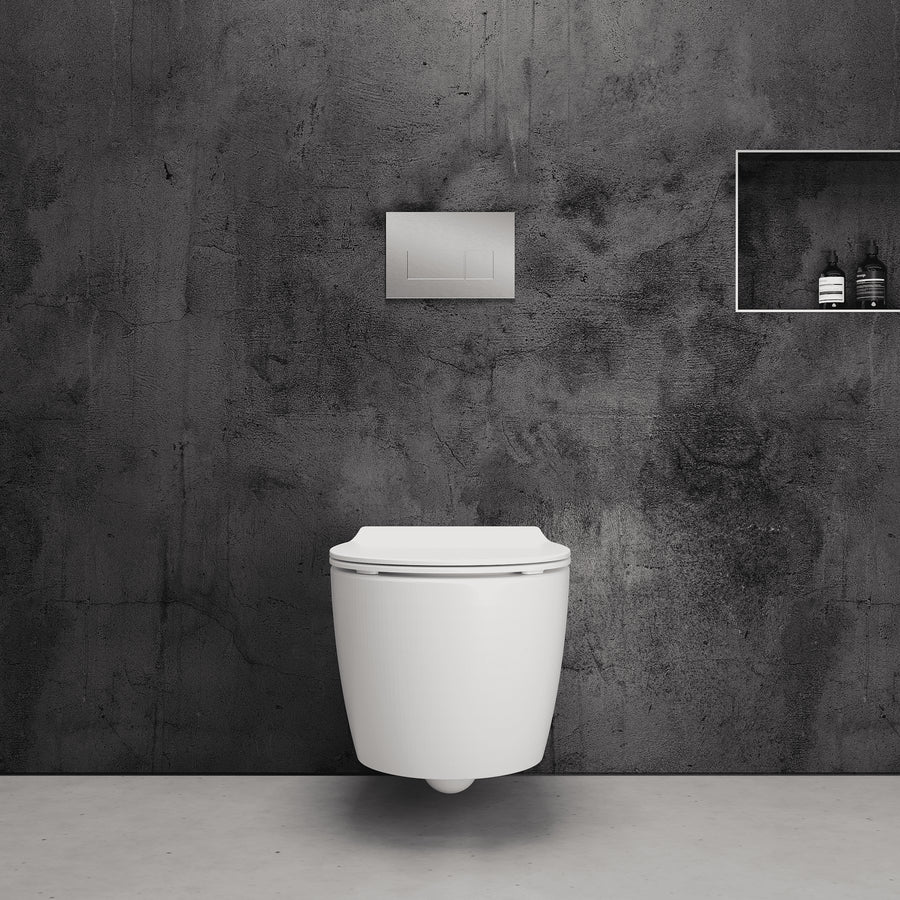Onia Wall Hung White Toilet Set - with Concealed Frame, Cistern and Brushed Steel Flush Plate
