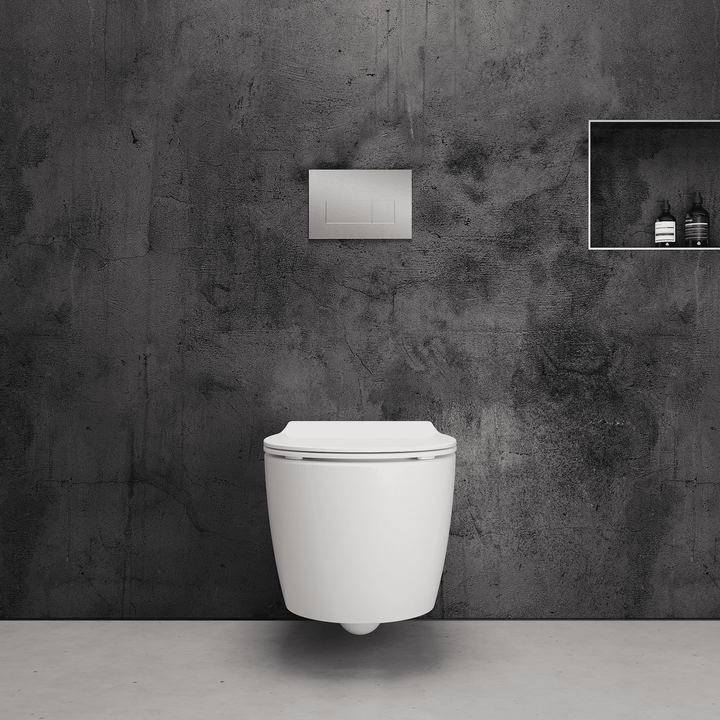 Onia Wall Hung White Toilet Set - with Concealed Frame, Cistern and Brushed Steel Flush Plate