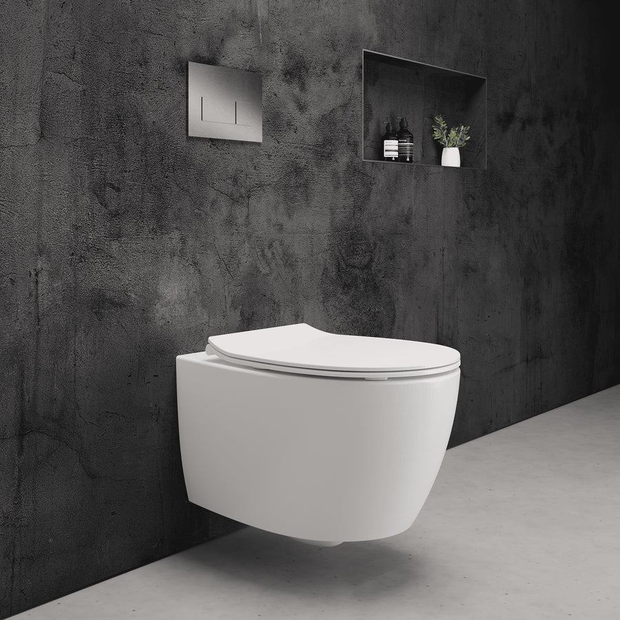 Onia Wall Hung White Toilet Set - with Concealed Frame, Cistern and Brushed Steel Flush Plate