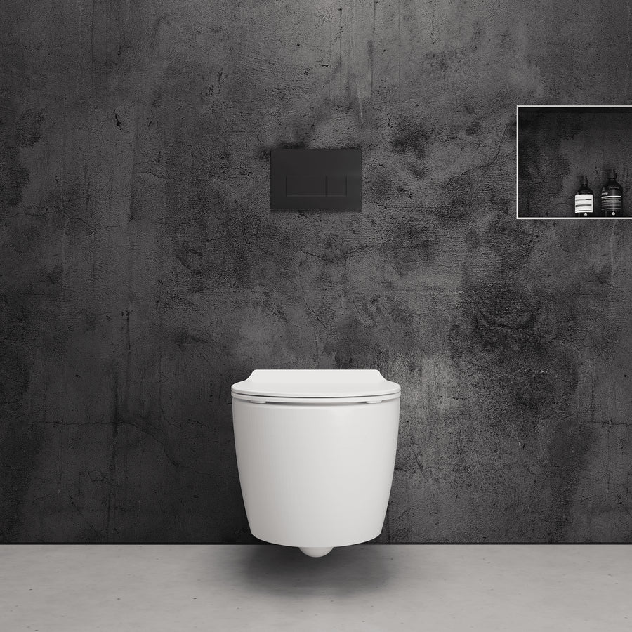 Onia Wall Hung White Toilet Set - with Concealed Frame, Cistern and Black Flush Plate