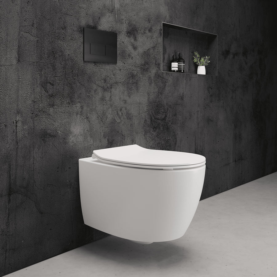Onia Wall Hung White Toilet Set - with Concealed Frame, Cistern and Black Flush Plate