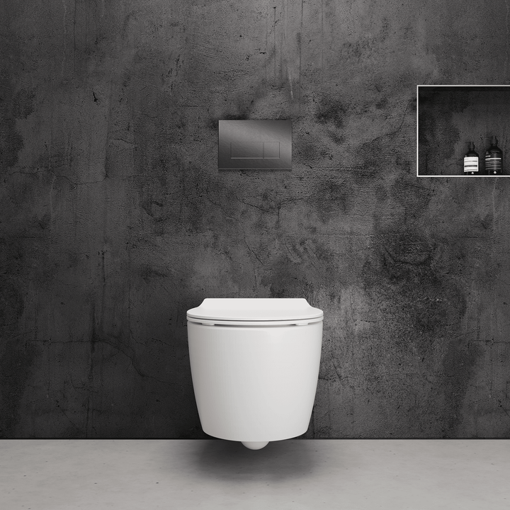Onia Wall Hung White Toilet Set - with Concealed Frame, Cistern and Titanium Flush Plate